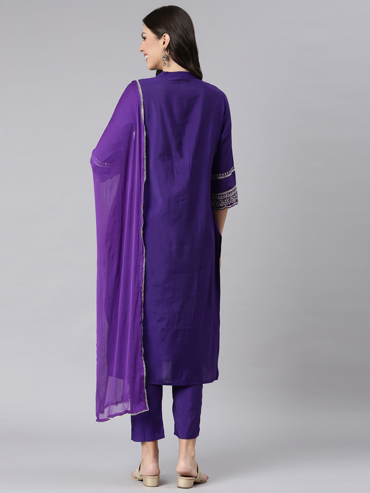 Neerus Purple Solid Straight Kurta and Trousers With Dupatta