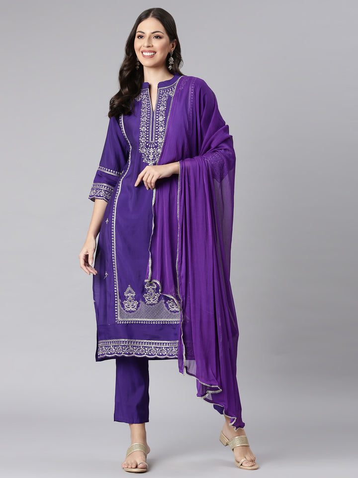 Neerus Purple Solid Straight Kurta and Trousers With Dupatta