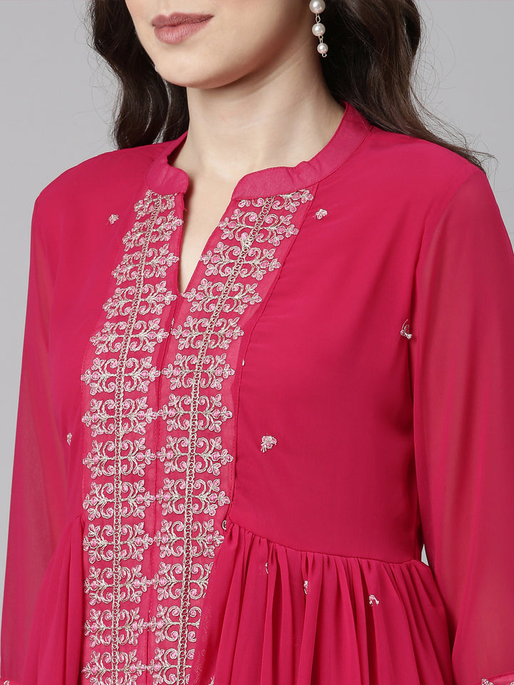 Neerus Pink Casual Solid Anarkali Kurta and Trousers With Dupatta