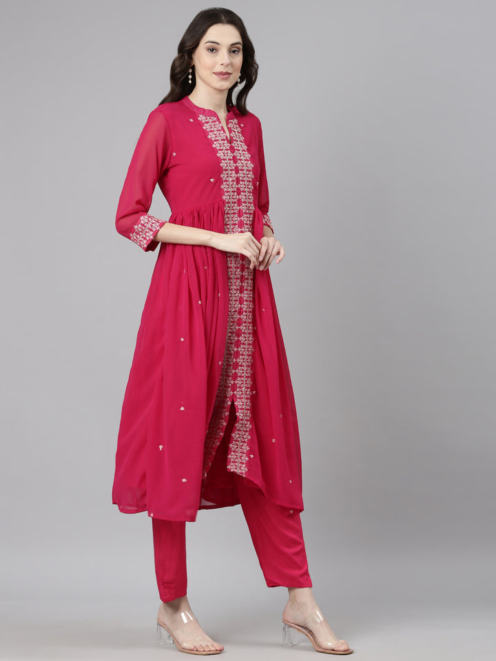 Neerus Pink Casual Solid Anarkali Kurta and Trousers With Dupatta