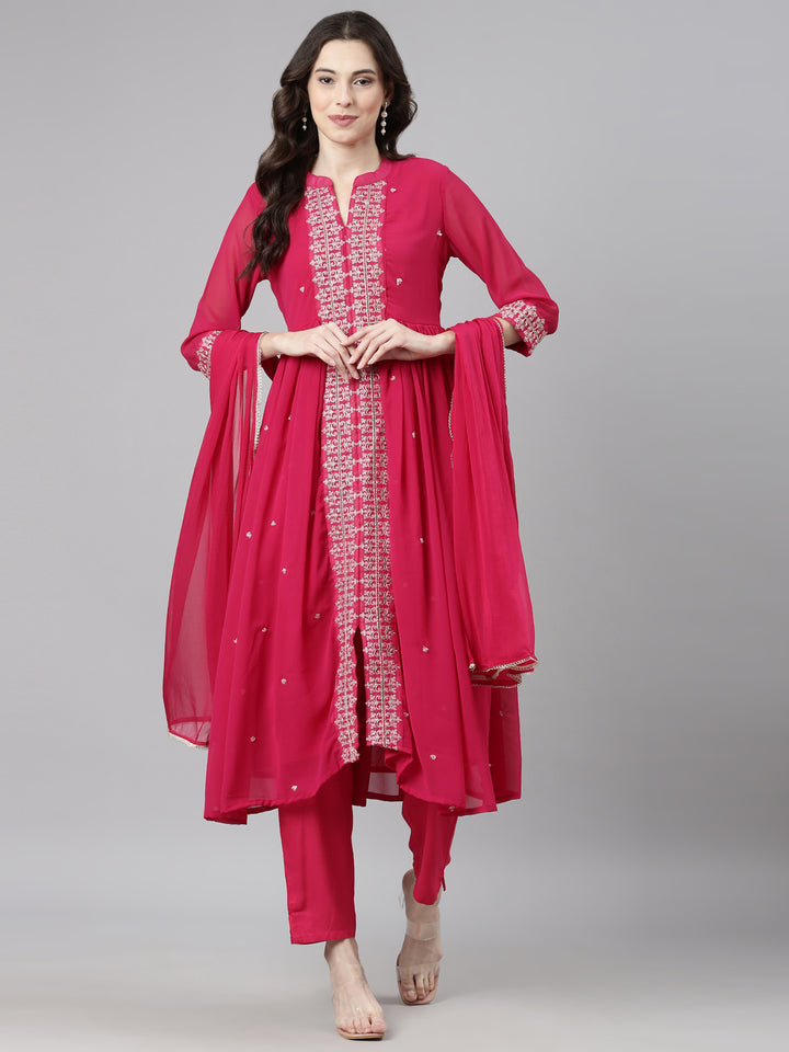 Neerus Pink Casual Solid Anarkali Kurta and Trousers With Dupatta
