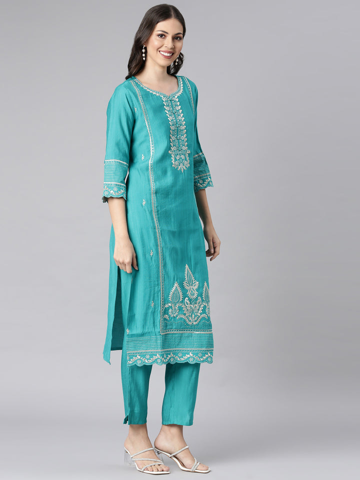 Neerus Green Solid Straight Kurta and Trousers With Dupatta