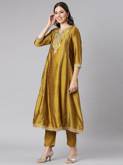 Neerus Green Solid Anarkali Kurta and Trousers With Dupatta