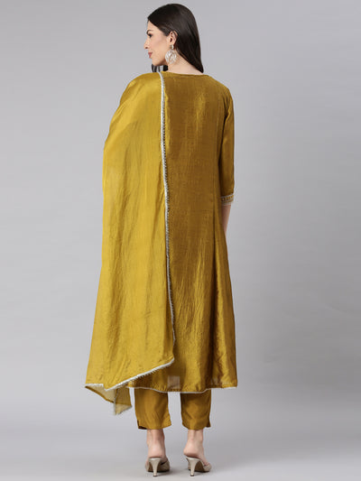 Neerus Green Solid Anarkali Kurta and Trousers With Dupatta