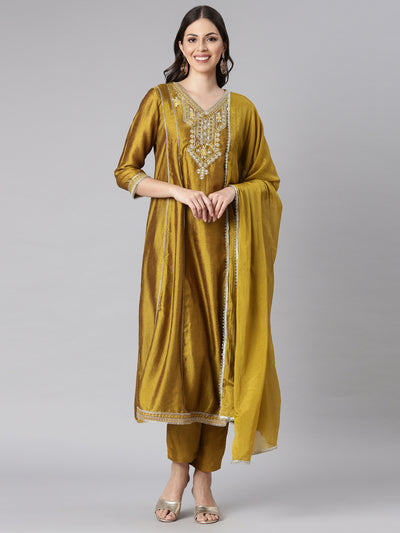 Neerus Green Solid Anarkali Kurta and Trousers With Dupatta