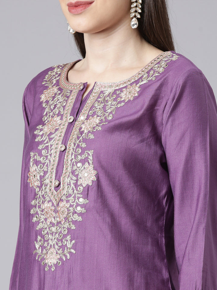 Neerus Lavender Solid Straight Kurta and Trousers With Dupatta