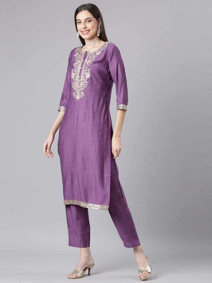 Neerus Lavender Solid Straight Kurta and Trousers With Dupatta