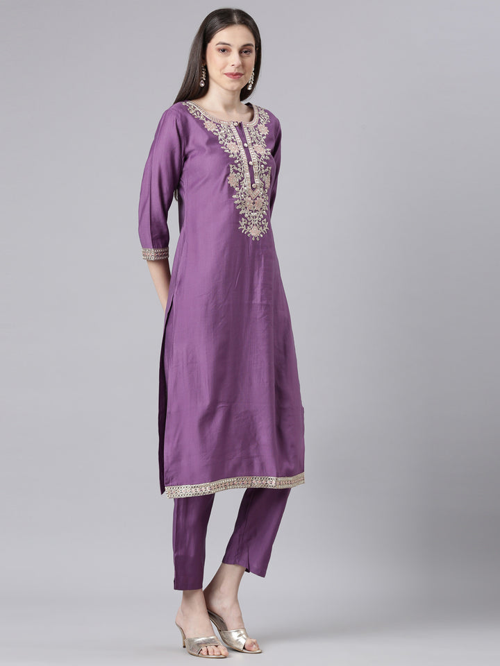 Neerus Lavender Solid Straight Kurta and Trousers With Dupatta