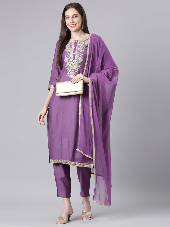 Neerus Lavender Solid Straight Kurta and Trousers With Dupatta