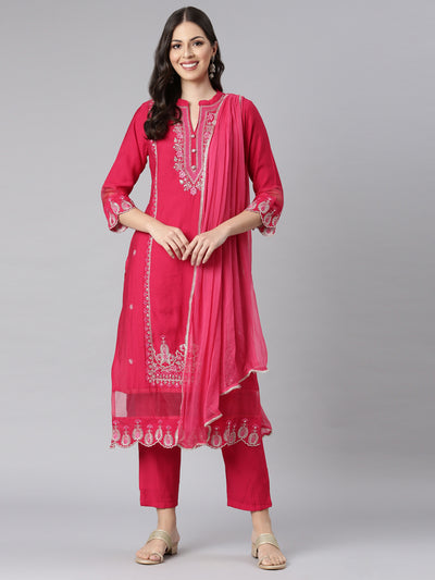 Neerus Pink Embroidered Straight Kurta and Trousers With Dupatta
