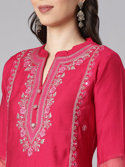 Neerus Pink Embroidered Straight Kurta and Trousers With Dupatta