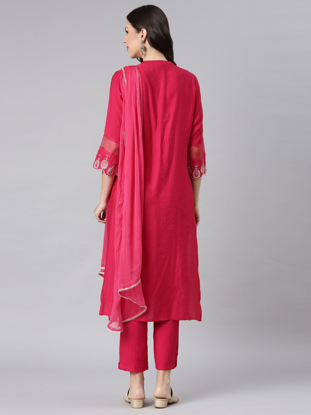 Neerus Pink linen embroidered suit set - side view