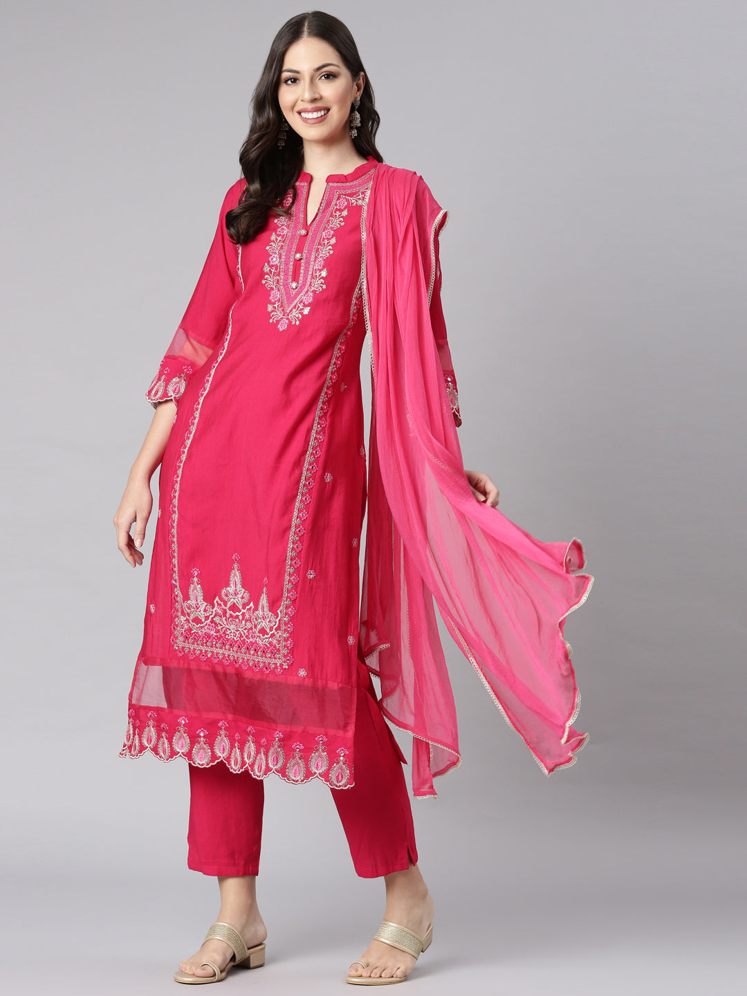 Neerus Pink linen embroidered suit set - detail view 2