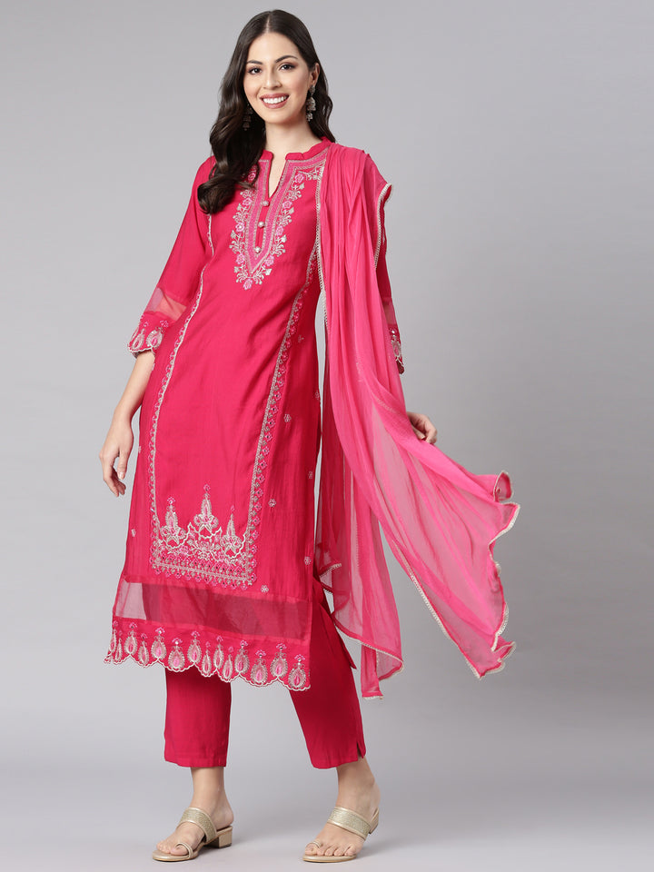 Neerus Pink linen embroidered suit set - detail view 2