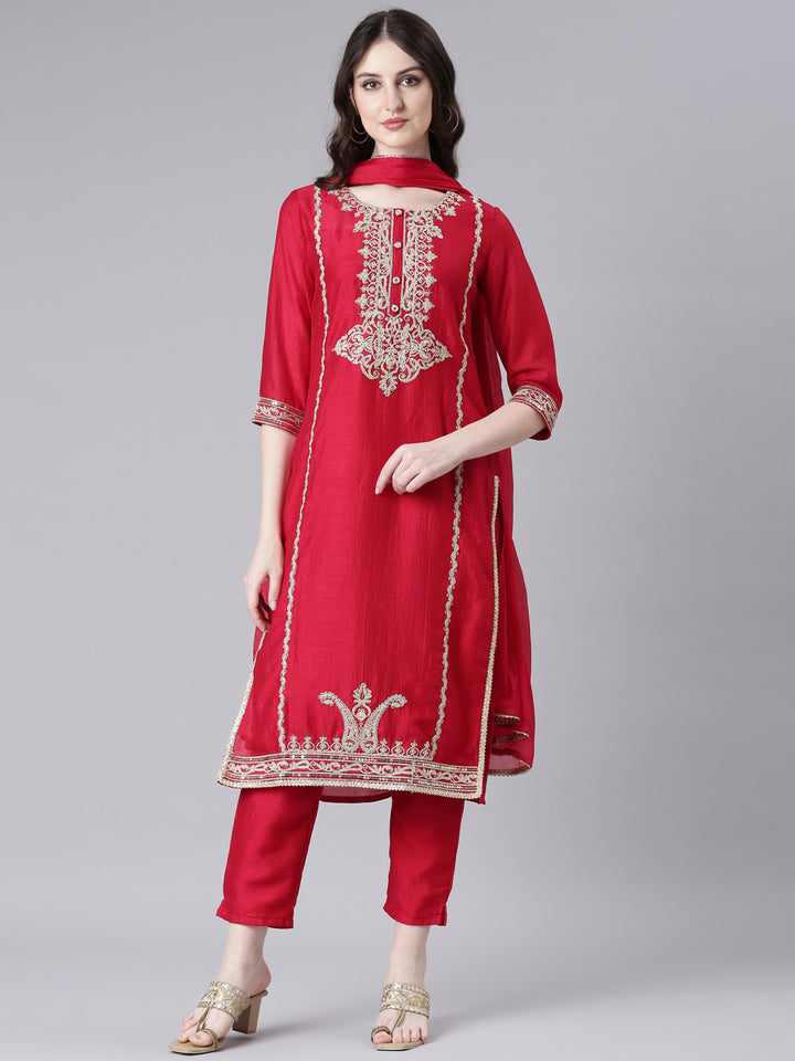 Neerus Red Embroidered Straight Kurta and Trousers With Dupatta
