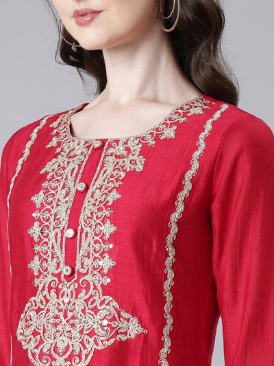 Neerus Red Embroidered Straight Kurta and Trousers With Dupatta