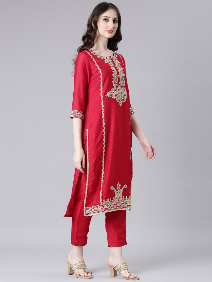 Neerus Red Embroidered Straight Kurta and Trousers With Dupatta