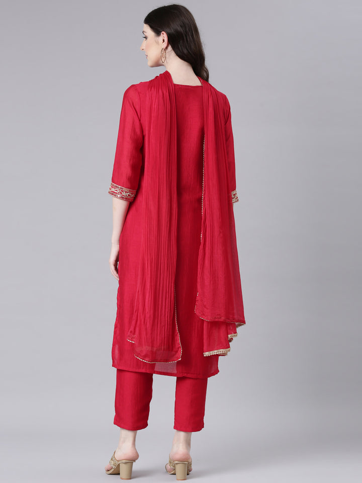Neerus Red Embroidered Straight Kurta and Trousers With Dupatta