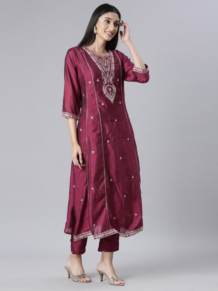 Neerus Purple Embroidered Anarkali Kurta and Trousers With Dupatta