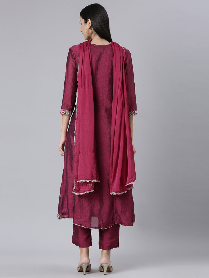Neerus Purple Embroidered Anarkali Kurta and Trousers With Dupatta