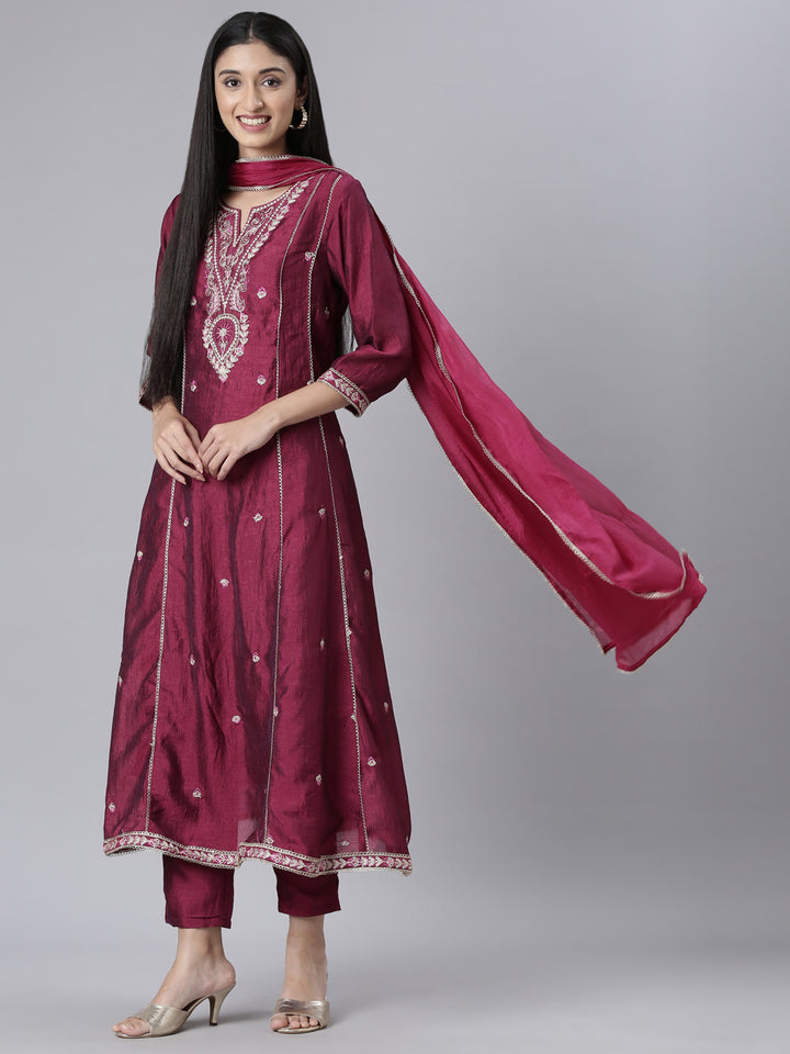 Neerus Purple Embroidered Anarkali Kurta and Trousers With Dupatta