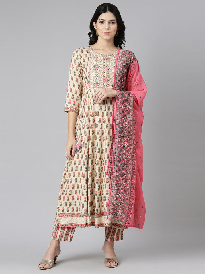 Neerus Beige cotton printed kurta set straight silhouette - front view