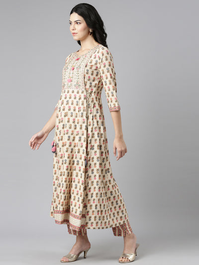 Neerus Cream Regular Straight Printed Kurta And Trousers With Dupatta