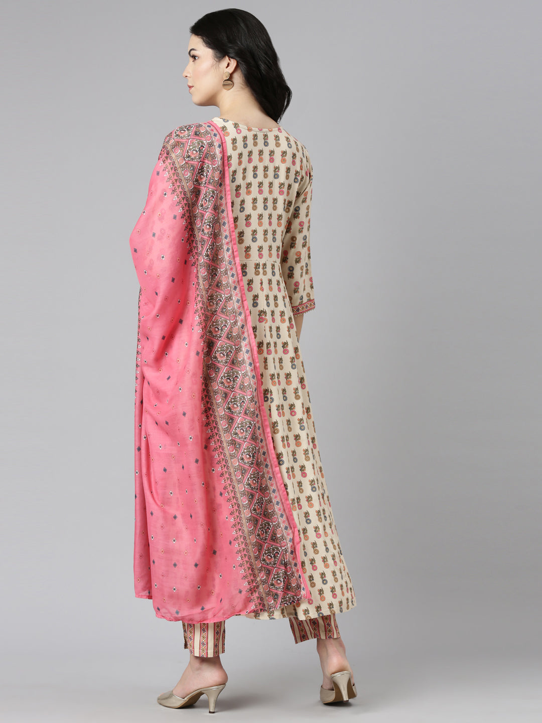 Neerus Beige cotton printed kurta set straight silhouette - side view