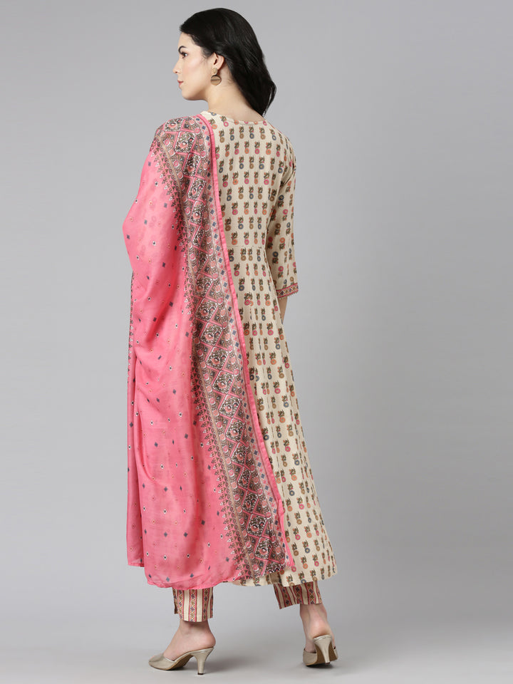 Neerus Beige cotton printed kurta set straight silhouette - side view