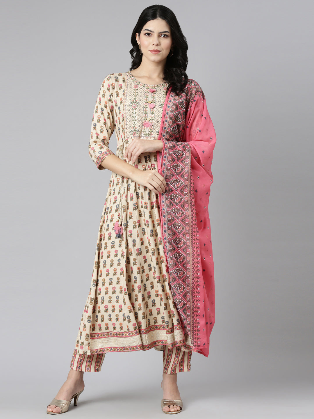 Neerus Cream Regular Straight Printed Kurta And Trousers With Dupatta