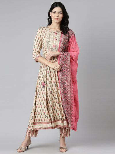 Neerus Cream Regular Straight Printed Kurta And Trousers With Dupatta