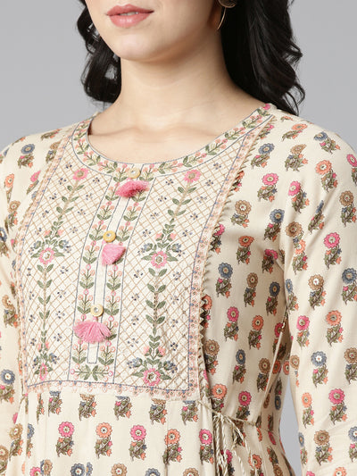Neerus Cream Regular Straight Printed Kurta And Trousers With Dupatta