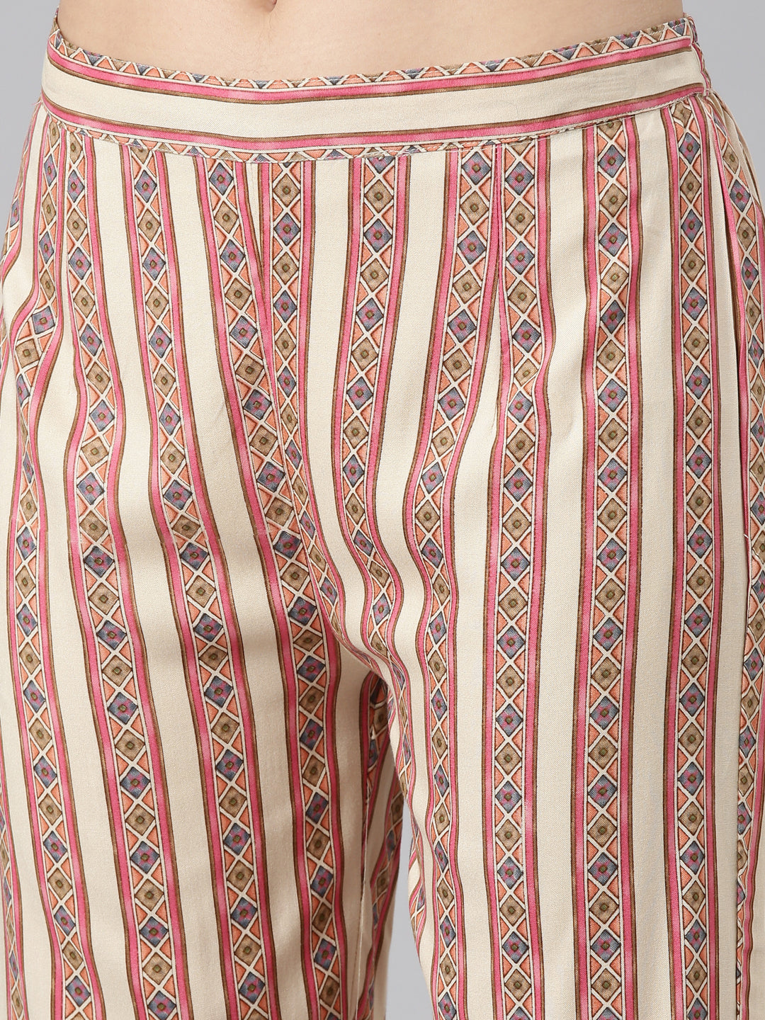 Neerus Cream Regular Straight Printed Kurta And Trousers With Dupatta