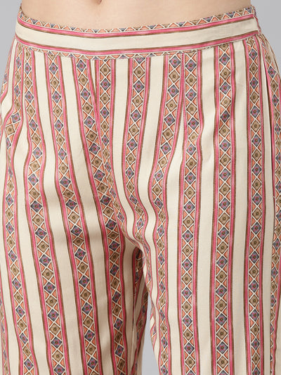 Neerus Cream Regular Straight Printed Kurta And Trousers With Dupatta