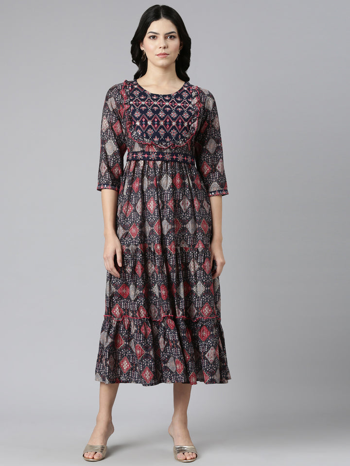 Neerus Navy Blue Pleated Anarkali Printed Kurta