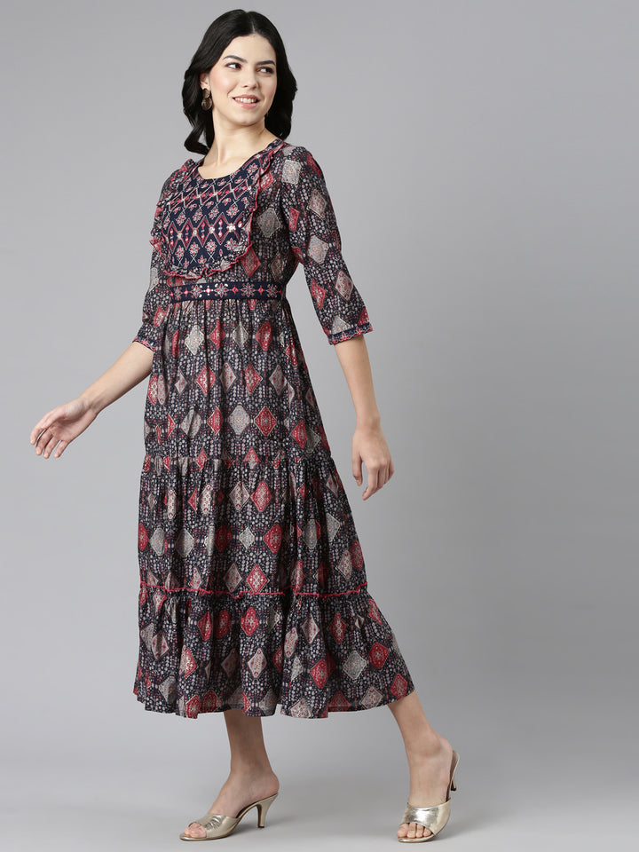 Neerus Navy Blue Pleated Anarkali Printed Kurta