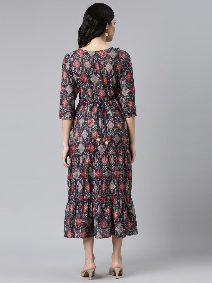 Neerus Navy Blue Pleated Anarkali Printed Kurta