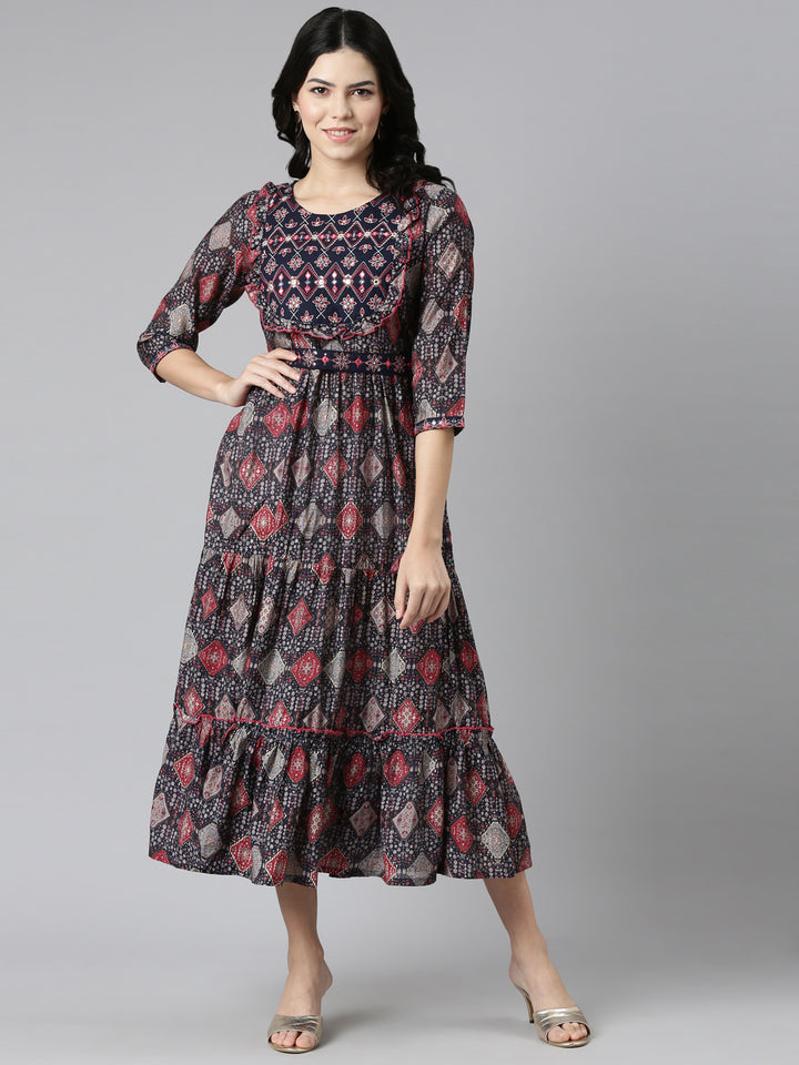 Neerus Navy Blue Pleated Anarkali Printed Kurta