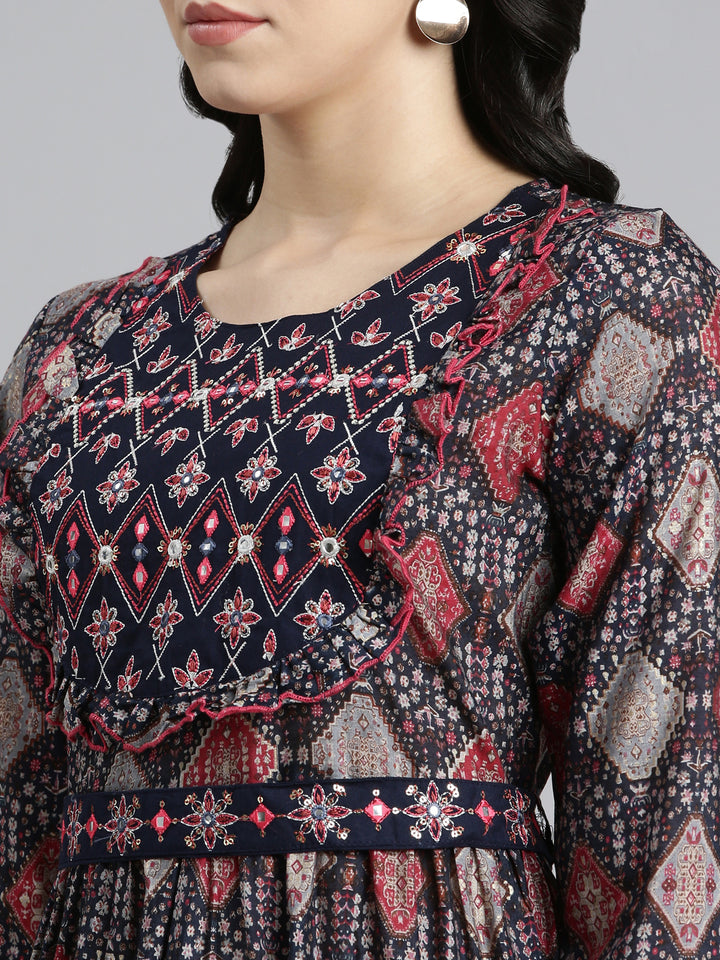 Neerus Navy Blue Pleated Anarkali Printed Kurta