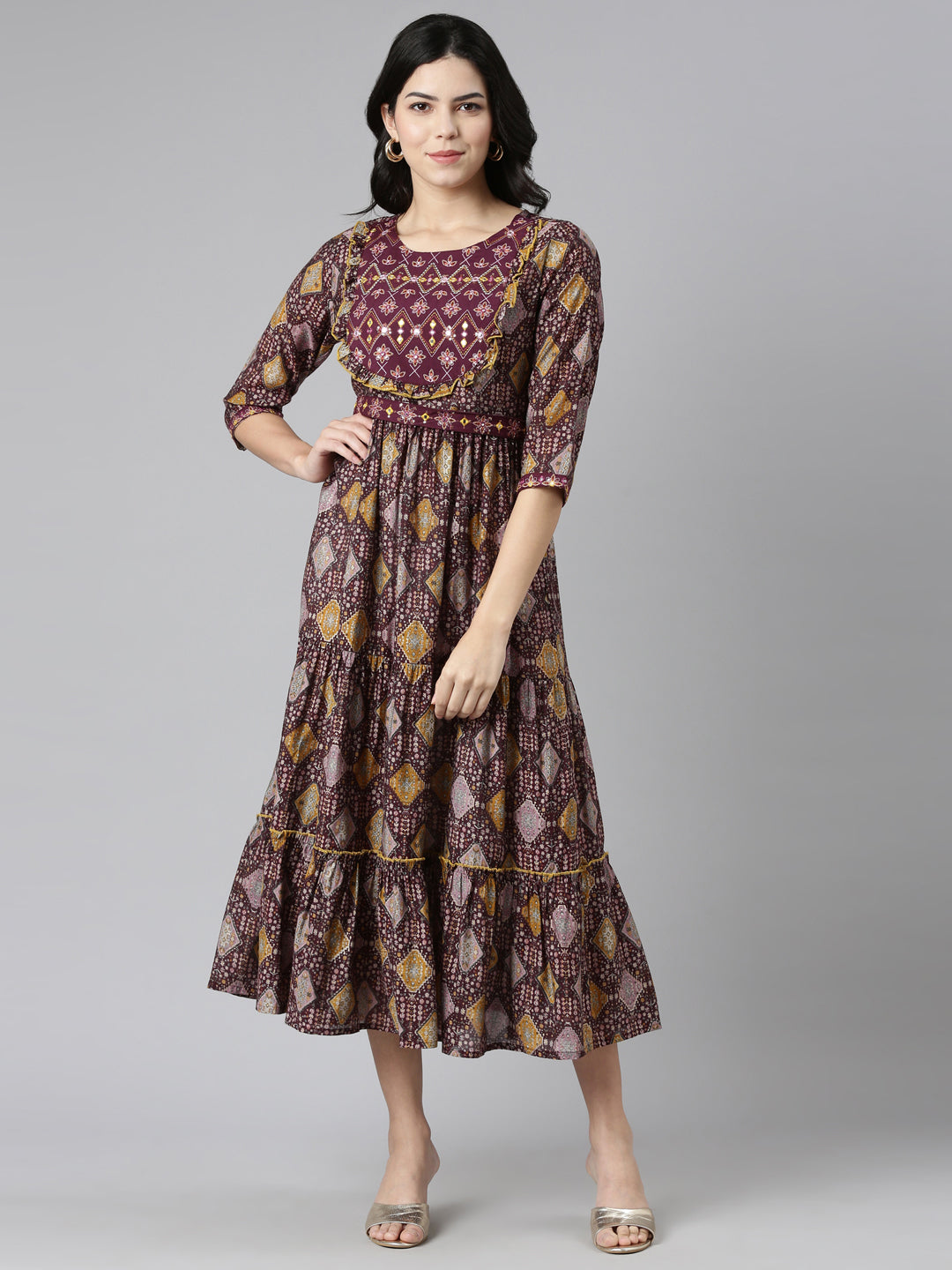 Neerus Purple Pleated Anarkali Printed Kurtas