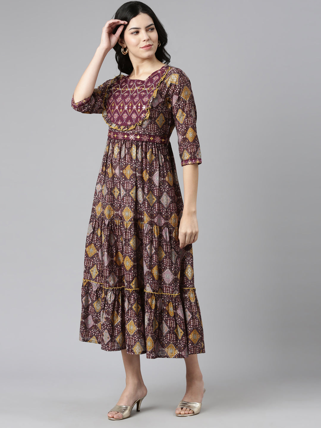 Neerus Purple Pleated Anarkali Printed Kurtas