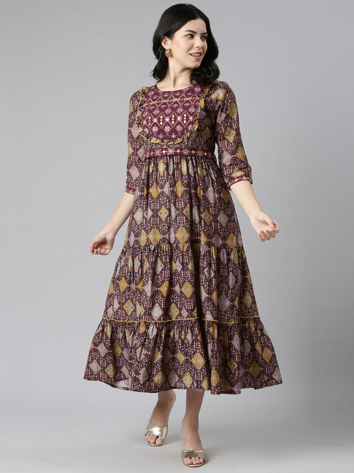 Neerus Purple Pleated Anarkali Printed Kurtas