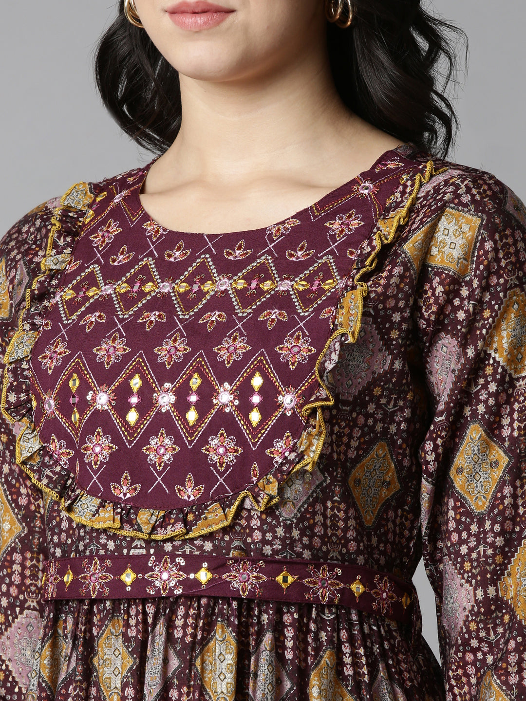 Neerus Purple Pleated Anarkali Printed Kurtas