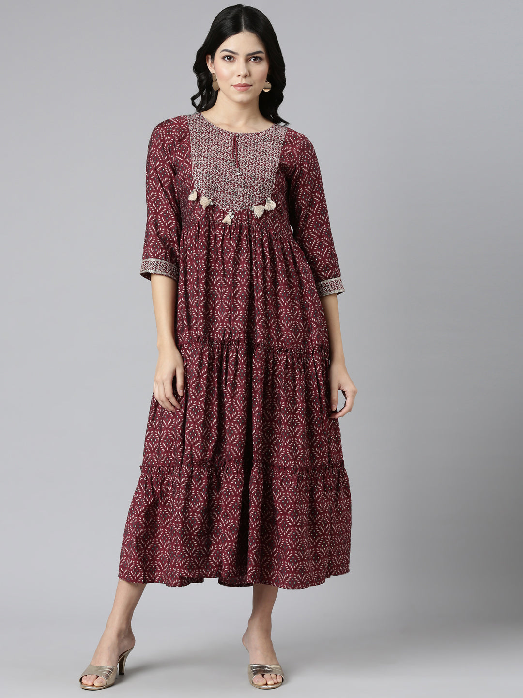 Neerus Maroon printed anarkali kurti - front view