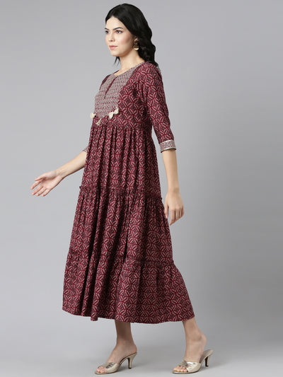 Neerus Maroon Pleated Anarkali Printed Kurtas