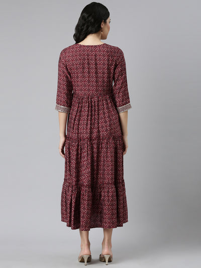 Neerus Maroon Pleated Anarkali Printed Kurtas