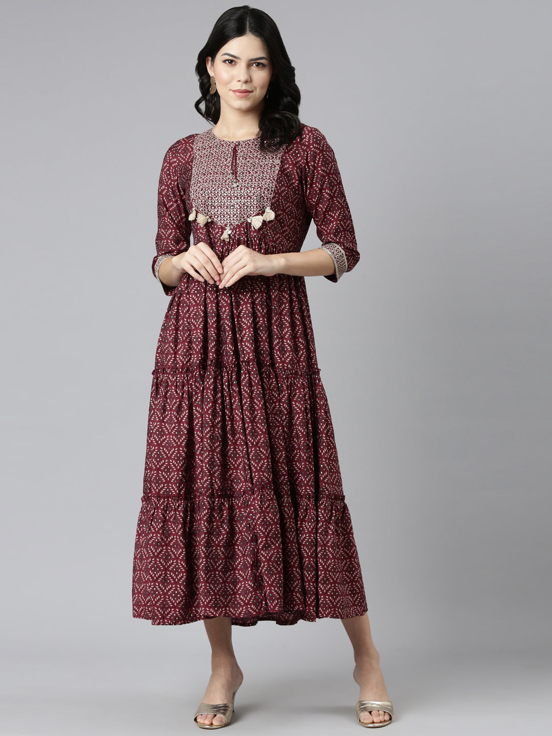 Neerus Maroon Pleated Anarkali Printed Kurtas