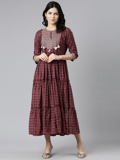 Neerus Maroon Pleated Anarkali Printed Kurtas