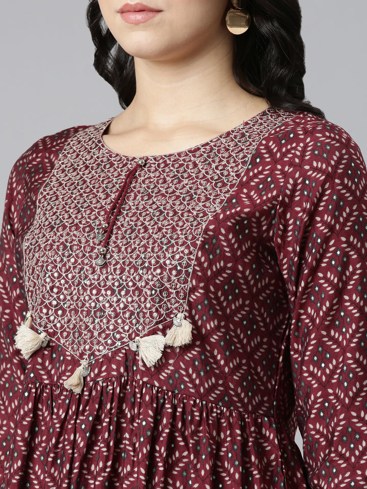 Neerus Maroon printed anarkali kurti - detail view 1