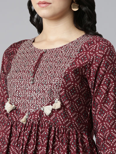 Neerus Maroon Pleated Anarkali Printed Kurtas